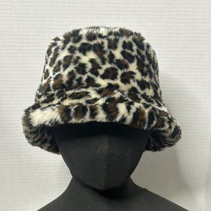 Retro Leopard Print Bucket Hat Women's Brown Black Faux Fur Animal Print USA